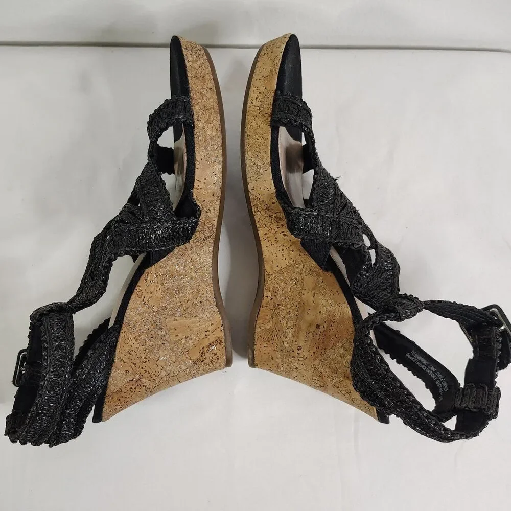Impo Black Crochet Strappy Cork Wedge Sandals Women’s Size 10 Ankle Strap